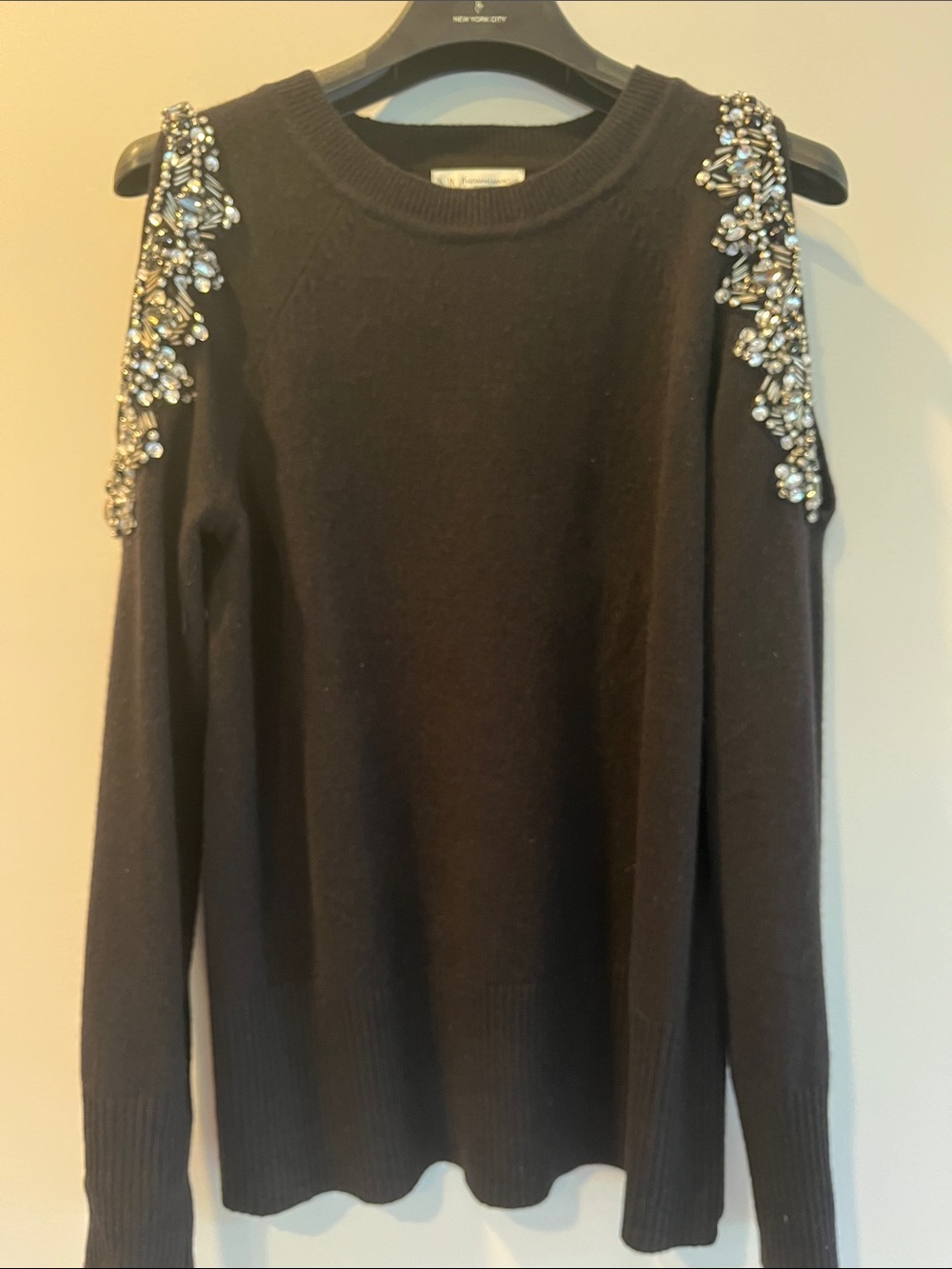 Neiman Marcus Black Crewneck Sweater with Jeweled Shoulder Embellishments